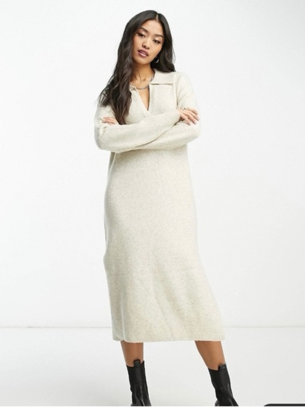 Abercrombie&Fitch Soft Af Collection Cream Collared Long Sleeve Knit Midi Dress